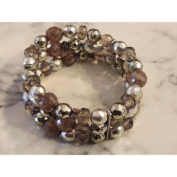 Vintage Elegant Multi-Layer Beaded Bracelet With Silver & Brown Faceted Beads - Picture 1 of 3